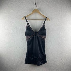 Auden l M Black Satin Lace Lined Cups Ruffled Babydoll Negligée with Thong Set